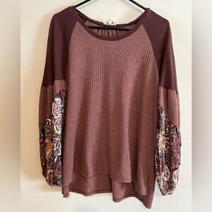 Umgee Womens Maroon Multi Waffle Knit Balloon Sleeve Floral Print Boho Top M
